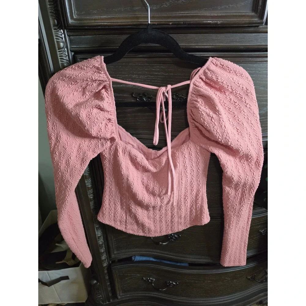 Free‎ People Pink Textured Puff Sleeve Tie Back Crop Top XS OB1434914